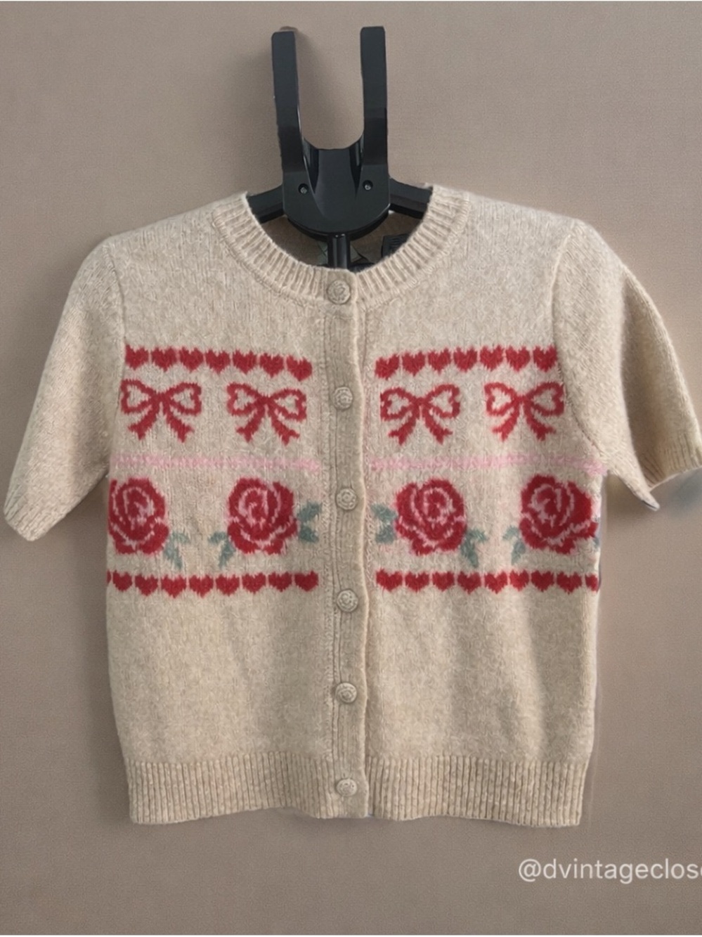 Cream Short-Sleeve Cardigan with Red Rose & Bow Motif Cupcakes & Chashmere NWT
